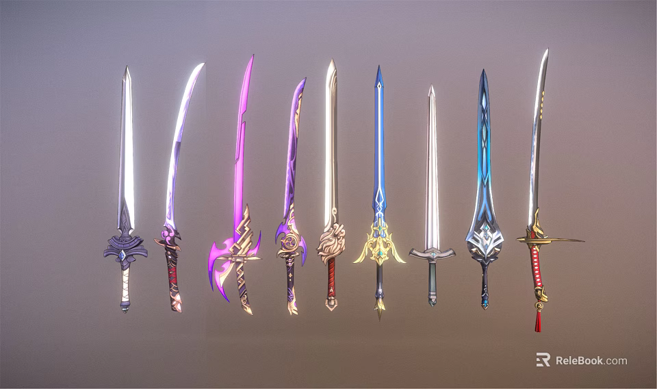 Colorful Swords With Various Designs Ornate Hilts And Intricate Blade Patterns 3d model 