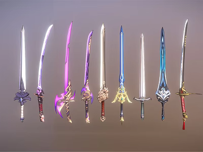 Colorful Swords With Various Designs Ornate Hilts And Intricate Blade Patterns 3d model