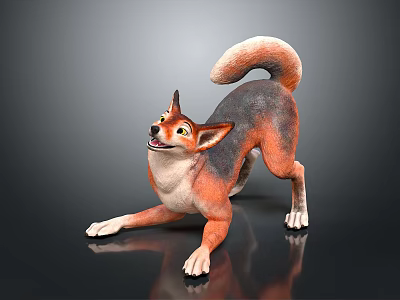 Cartoon Dog With Orange And White Fur In Playful Stance And Curled Tail 3d model