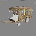 Vintage Wooden Carriage Featuring Decorative Roof Beams Spoked Wheels And Ornate Panels