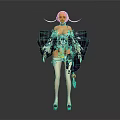 Female Fantasy Character With Butterfly Wings In Traditional Blue White Ornate Costume And High Heels