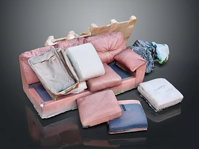 Disassembled Pink Sofa With Scattered Cushions And Detached Seat Parts 3d model