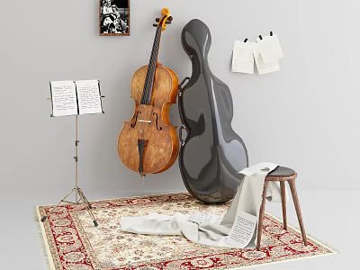 Instruments and Art Supplies Featuring Cello Music Stand Sheets Stool Rug and Wall Notes 3d model