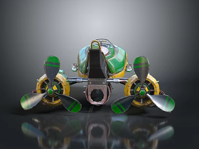 3D Rendered Green And Yellow Propeller Driven Vehicle With Dual Propellers And Cockpit 3d model