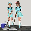 Two Women In Blue Uniforms Mopping Checkered Floor Under Blue Sky With Bucket