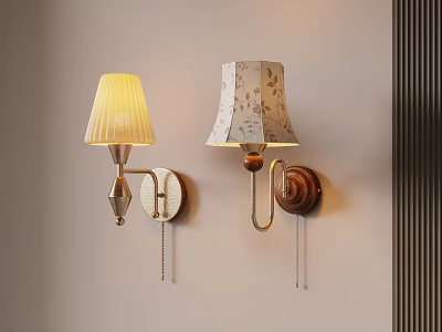Decorative Wall Lamps With Pleated Metal And Patterned Wooden Bases On Light Wall 3d model