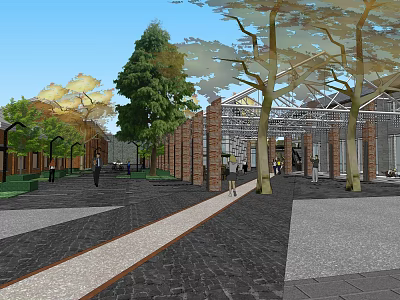 Commercial Street With Red Brick Buildings Trees And Pedestrians On Paved Walkway 3d model