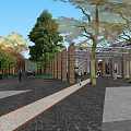 Commercial Street With Red Brick Buildings Trees And Pedestrians On Paved Walkway