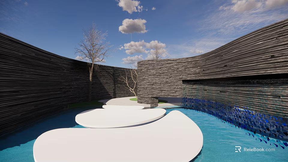 Modern Garden Landscape With Curved Stone Walls Water Feature And White Platforms 3d model 
