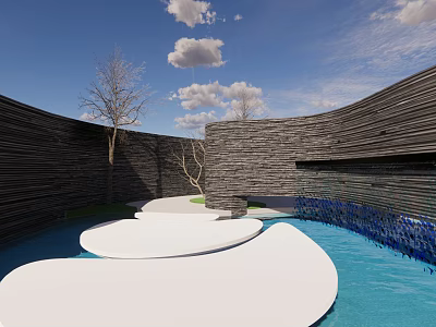 Modern Garden Landscape With Curved Stone Walls Water Feature And White Platforms 3d model