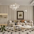 Modern Living Room Interior With White Chandelier Neutral Sofa Black Cross Rug And Framed Painting