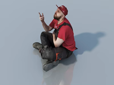 A Man Sitting On Gray Floor Wearing Red Cap Red T-Shirt Black Overalls Gesturing Hand 3d model