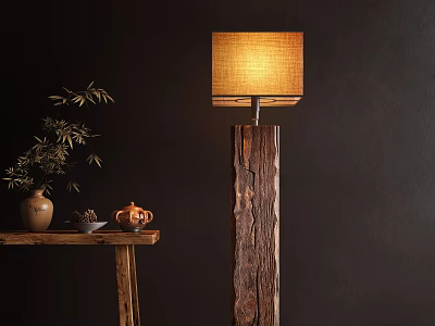Rustic Wooden Floor Lamp With Natural Linen Shade In Cozy Home Setting 3d model