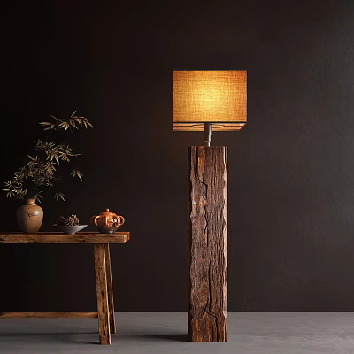 Rustic Wooden Floor Lamp With Natural Linen Shade In Cozy Home Setting 3d model