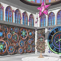 Unique Garden Decor Setup With Large Clock Gear Decorations And Stained Glass 3d model