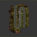 Car Driving On Scenic Winding Mountain Road With Trees Terrain And Red Roof Building