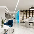 Bright Modern Public Office Area With White Desks Chairs Computers Green Plants And Bookshelves