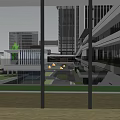 Modern Office Building Complex With Glass Curtain Walls Rooftop Garden Plaza And Water Pool