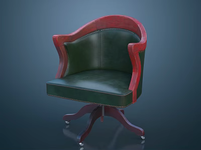 Stylish Green Leather Office Chair With Red Curved Armrests Wooden Base And Wheels 3d model