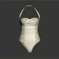 Elegant Halter Neck One Piece Swimsuit With White Base And Lace Decorative Details