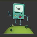 Cartoon Electronic Device Featuring Blue Body White Face Smiling Expression Arms Legs On Green Grass