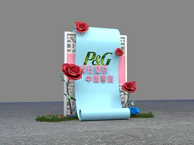 P&G China Roadshow Photo Spot With Blue Scroll Red Roses And Decorations 3d model