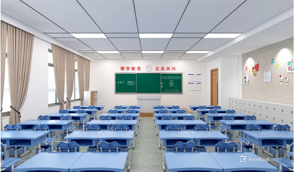 School Bright Classroom With Blue Desks Chairs Green Blackboard Windows Curtains And Ceiling Lights 3d model 