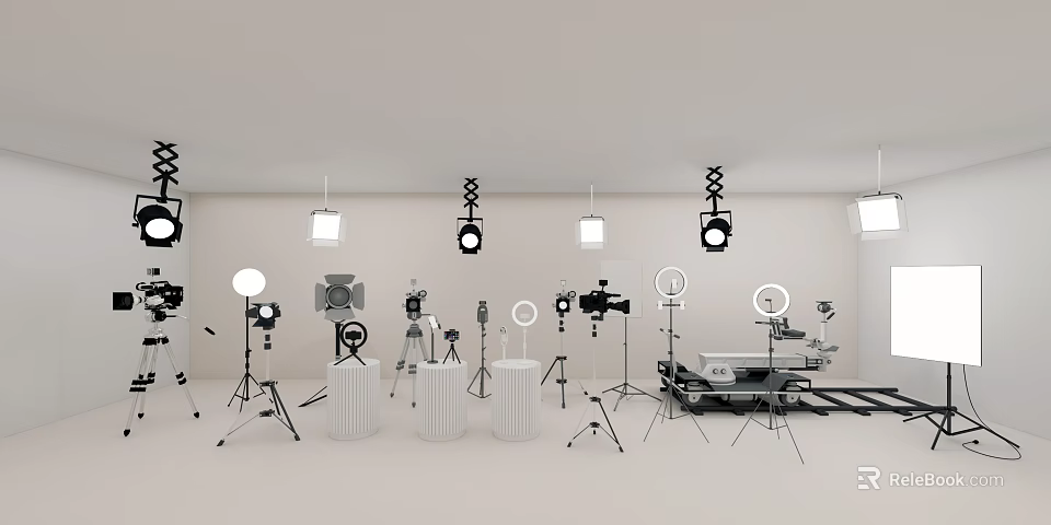 Commercial Studio Photography Equipment Display With Tripods Ring Lights And Stands 3d model 