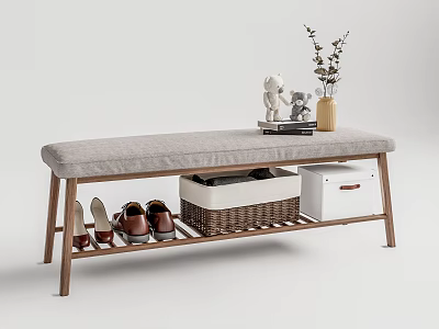 Wooden Bench with Gray Cushion Storage Wicker Basket White Box Vase Plants Books Decor Shoes 3d model