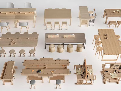 Various Modern Wooden Desk Designs With Matching Chairs And Storage Solutions For Home Office 3d model
