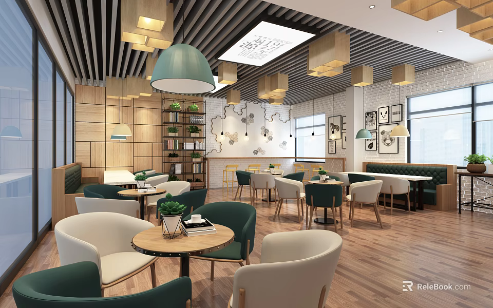 Modern Café Interior With Wooden Ceiling Pendant Lights Green Plants And Cozy Tables 3d model 