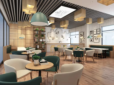 Modern Café Interior With Wooden Ceiling Pendant Lights Green Plants And Cozy Tables 3d model