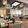 Modern Café Interior With Wooden Ceiling Pendant Lights Green Plants And Cozy Tables