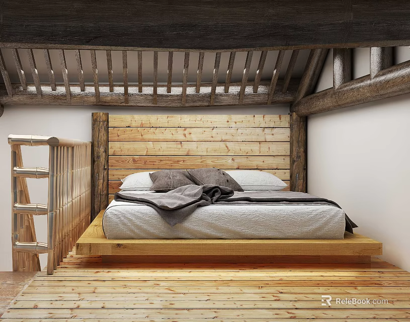Cozy Attic Bedroom Interior With Wooden Floor Headboard Ladder And Roof Beams 3d model 