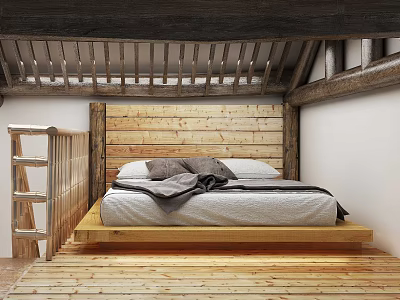 Cozy Attic Bedroom Interior With Wooden Floor Headboard Ladder And Roof Beams 3d model