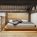 Cozy Attic Bedroom Interior With Wooden Floor Headboard Ladder And Roof Beams
