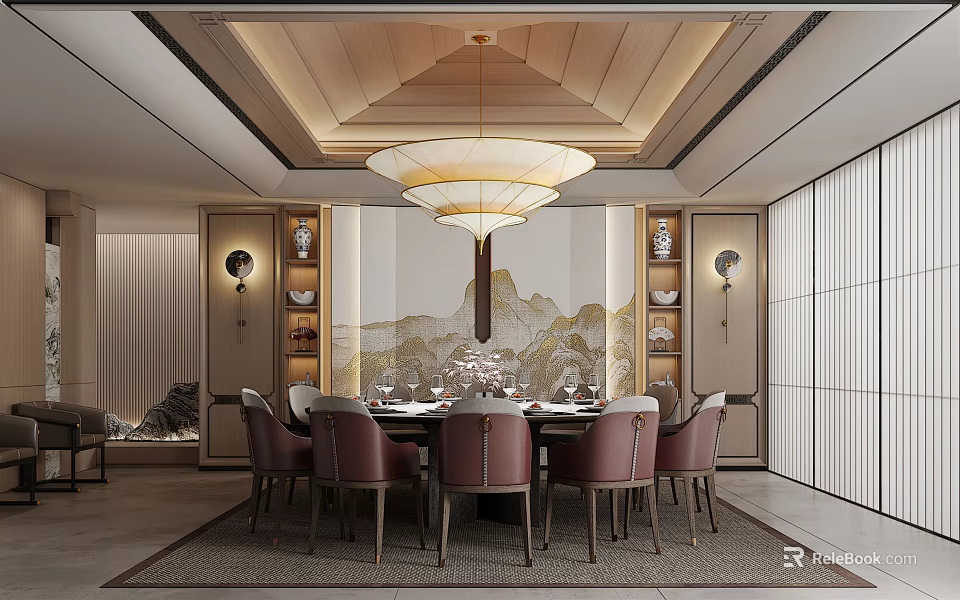 Traditional Chinese Private Dining Room With Round Table Chairs Chandelier And Wall Art 3d model 