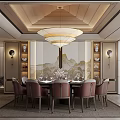 Traditional Chinese Private Dining Room With Round Table Chairs Chandelier And Wall Art