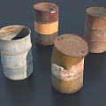 Rusted Metal Drums Serving As Industrial Equipment With Weathered Exteriors And Multicolored Finishes