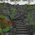 Lush Natural Stone Stairs in Garden Landscape With Rocks and Green Plants