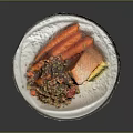 Healthy Salmon Fillet With Carrots Quinoa Peas Tomato And Lemon On Plate