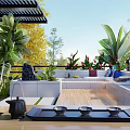 Beautiful Home Balcony Design With Lush Plants Seating Area And Stone Flooring