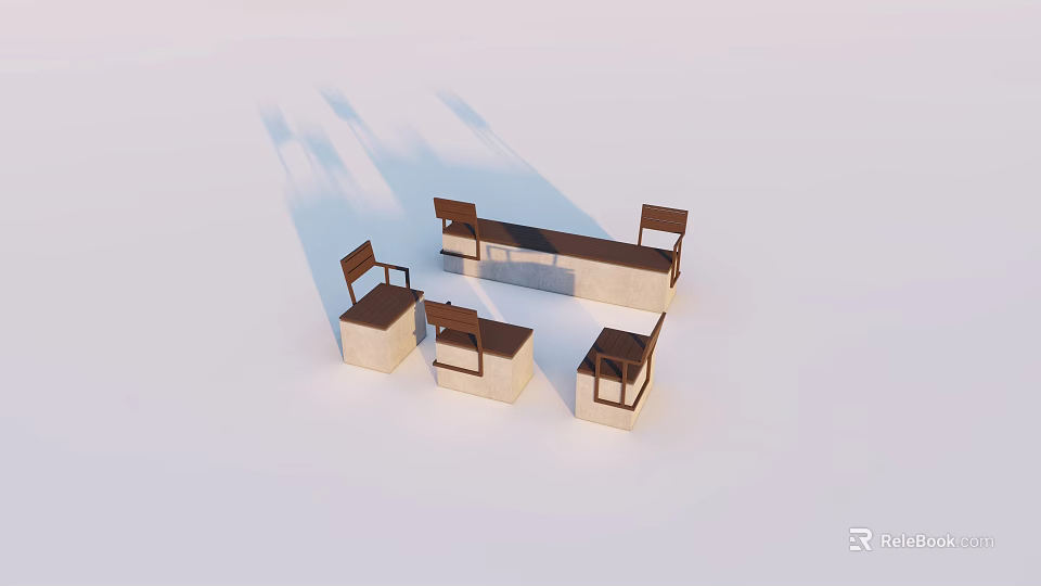 Modern Outdoor Landscape Seats With Wooden Backrest And Stone Base Design 3d model 