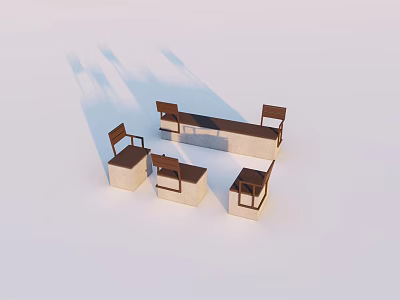 Modern Outdoor Landscape Seats With Wooden Backrest And Stone Base Design 3d model