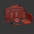 Luxury Perfume And Cosmetics Collection With Brown Leather Bag Skincare Bottles And Makeup Tools