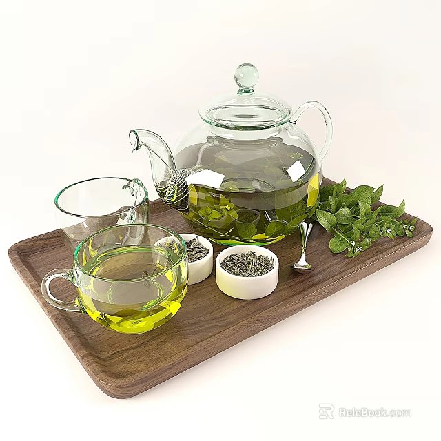 Fresh Green Tea In Glass Teapot With Mint Leaves On Wooden Tray 3d model 