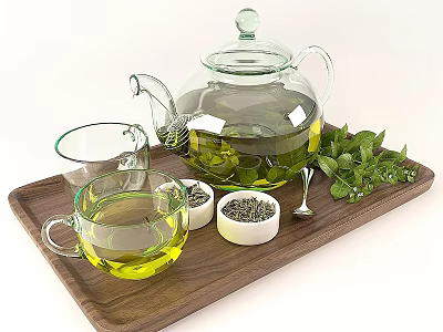 Fresh Green Tea In Glass Teapot With Mint Leaves On Wooden Tray 3d model