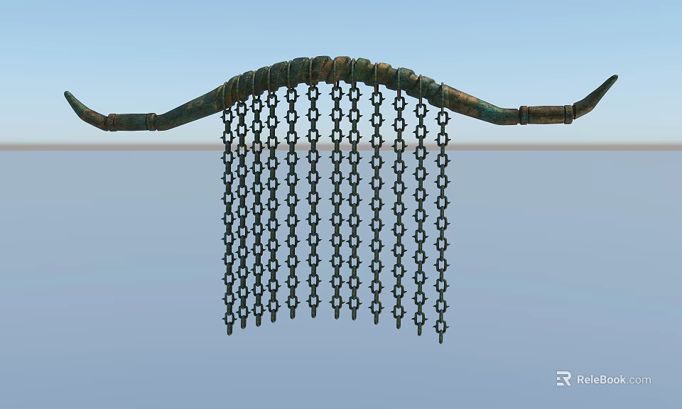 Ancient Curved Metal Ornament With Hanging Chains And Geometric Patterns 3d model 