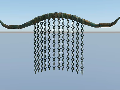 Ancient Curved Metal Ornament With Hanging Chains And Geometric Patterns 3d model