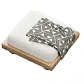 Modern Design Wooden Base Ottoman With White Upholstered Cushion And Geometric Pattern Blanket